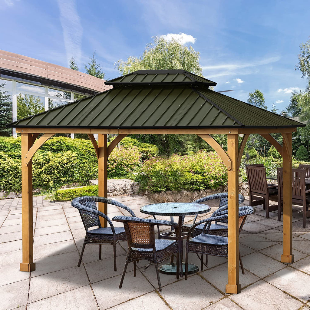 Green 10 x 12 ft. Solid Wooden Gazebo with Hardtop Roof S1987