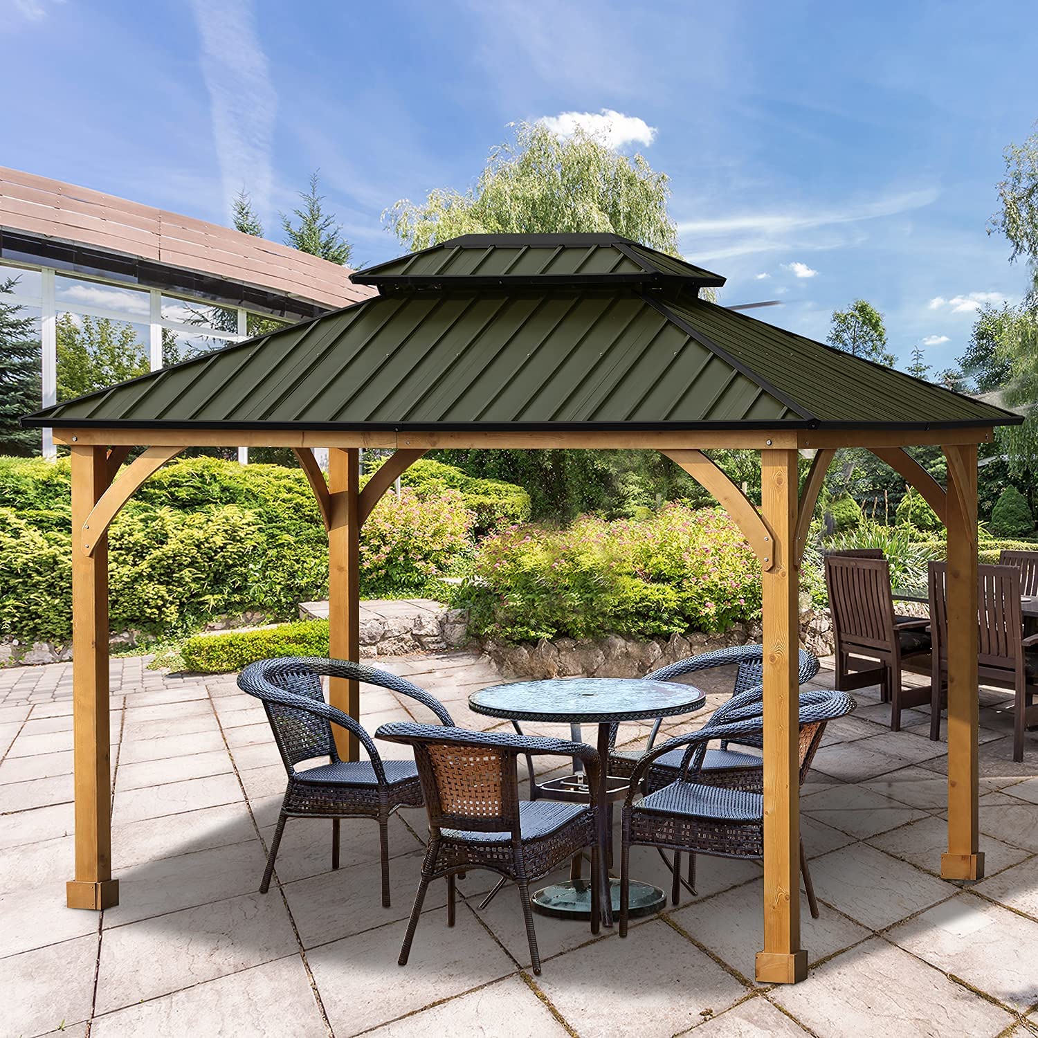 Green 10 x 12 ft. Solid Wooden Gazebo with Hardtop Roof S1987