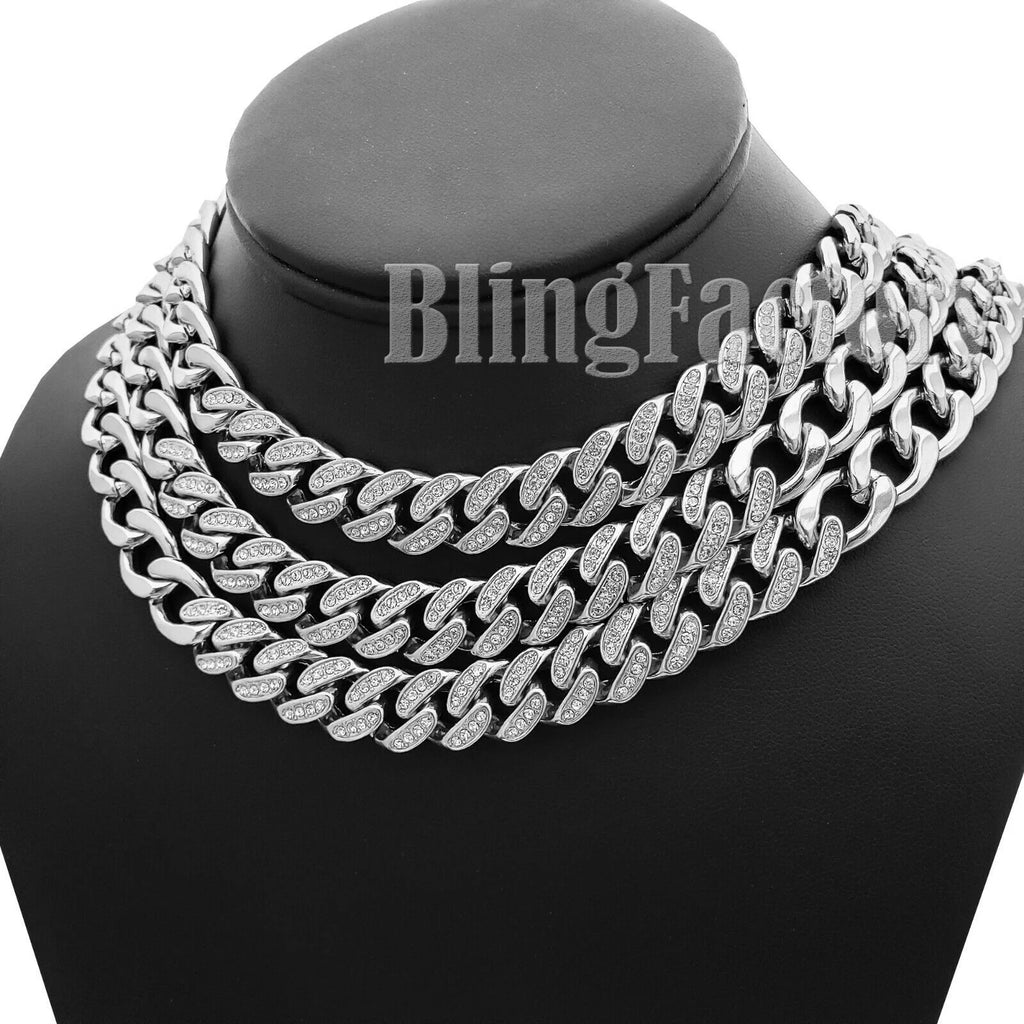 Partial Iced Silver Cuban Link Choker Chain Necklace L945