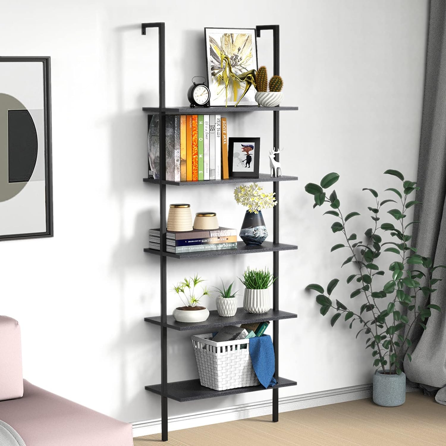 5-Tier Industrial Bookshelf with Metal Frame and Wood, Black Walnut C8010