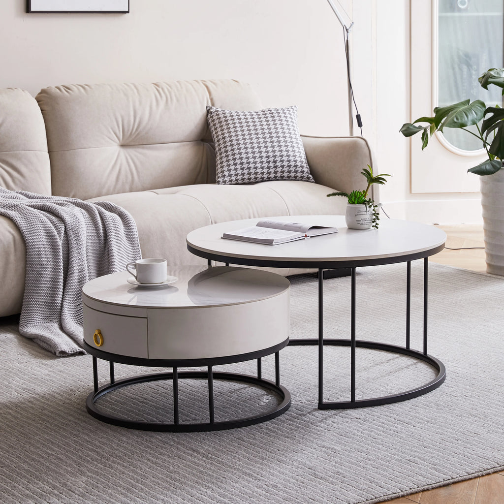 Black Nesting Coffee Table Set of 2 with Drawer, Sintered Stone Top Leather Wrapping Metal Frame D9836
