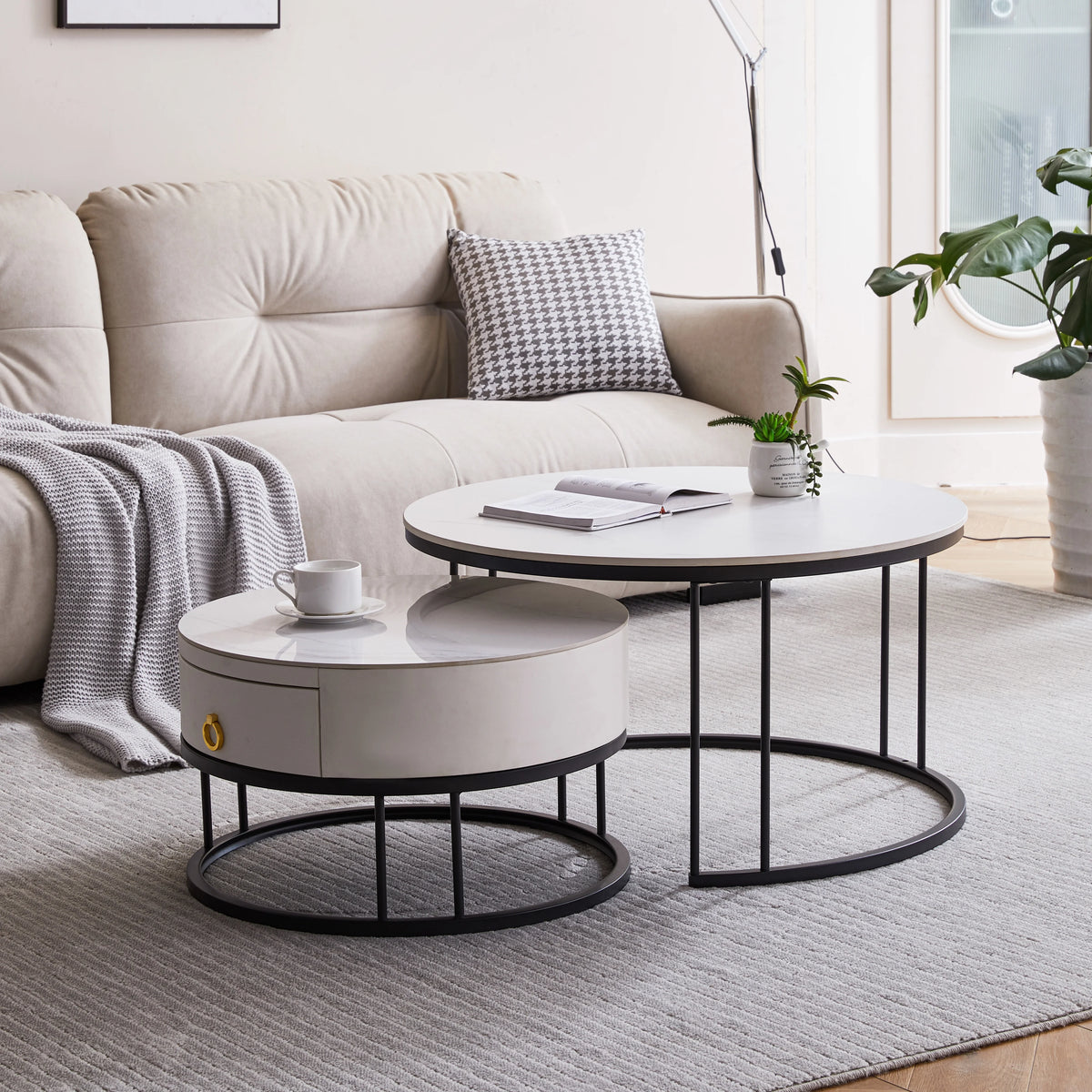 Black Nesting Coffee Table Set of 2 with Drawer, Sintered Stone Top Leather Wrapping Metal Frame D9836