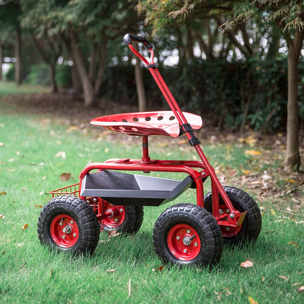 Green Rolling Garden Scooter with Wheels and Tool Tray Y4234
