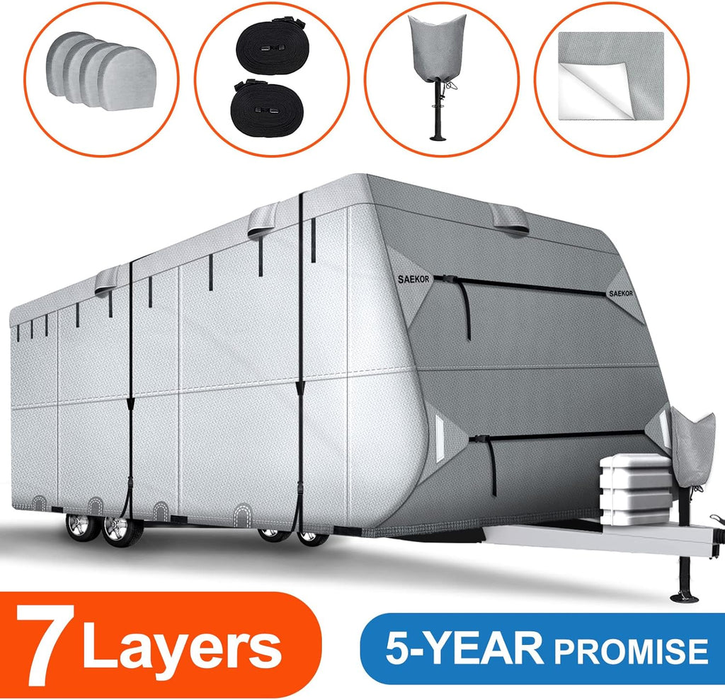 7 Layers 250 GSM Ripstop Travel Trailer RV Cover with 4 Tire Covers N69048