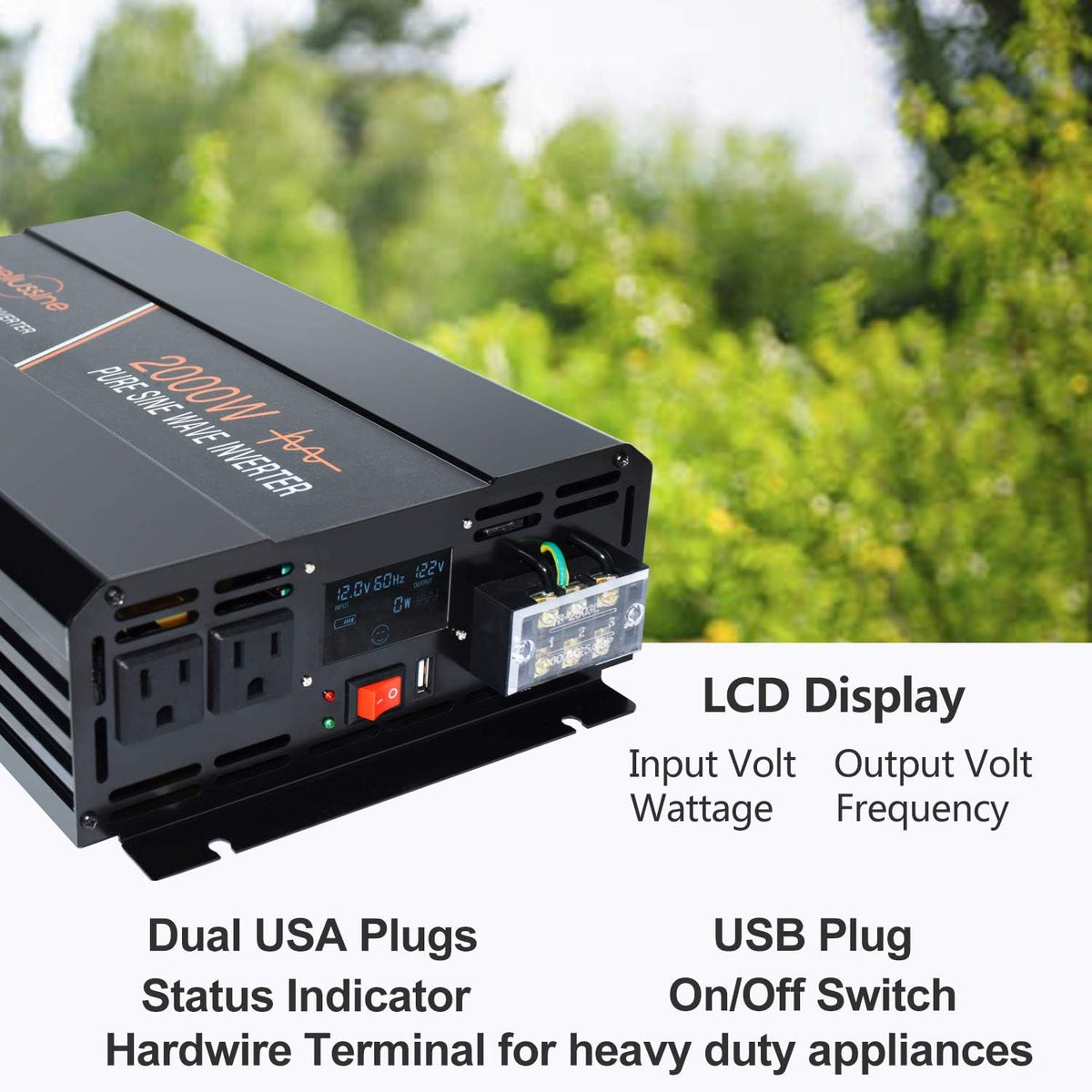 Power Inverter 2000 Watt Pure Sine Wave 24v DC to AC 120v Peak 4000 Watt with LCD Display USB Charge Port K449