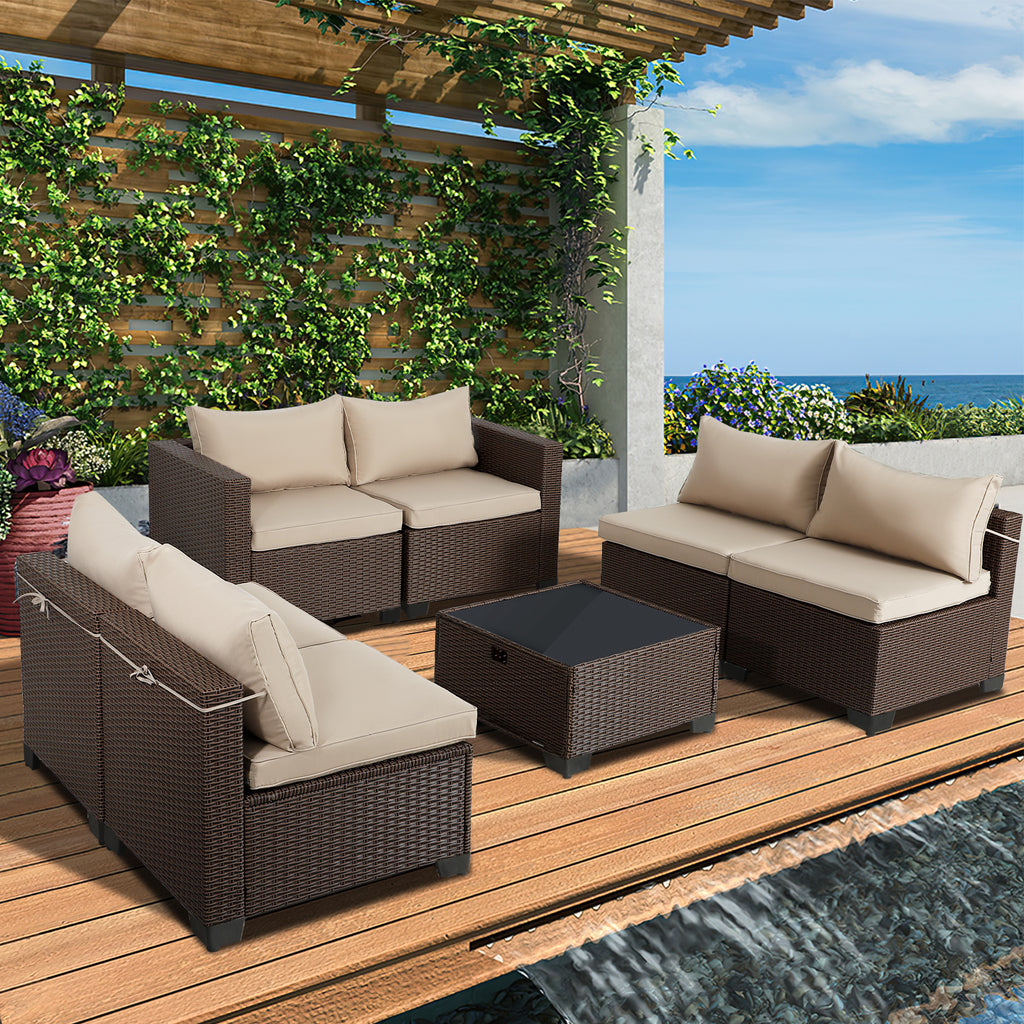 7 Pieces Patio Furniture Sets Outdoor Sectional Patio Sofa with Cushion Glass Table, Beige Z241129