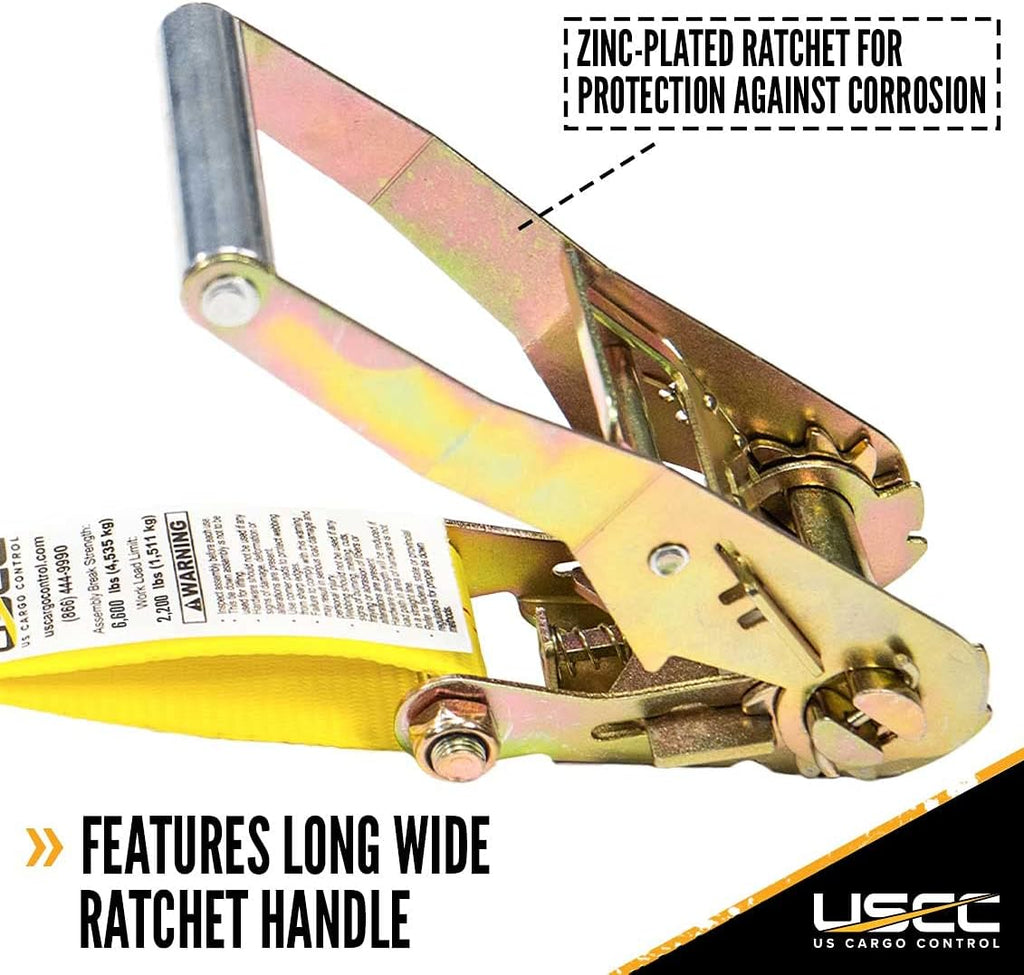 2 Inch x 20 Foot Yellow Ratchet Straps with Snap Hook - 2 Pack T1782