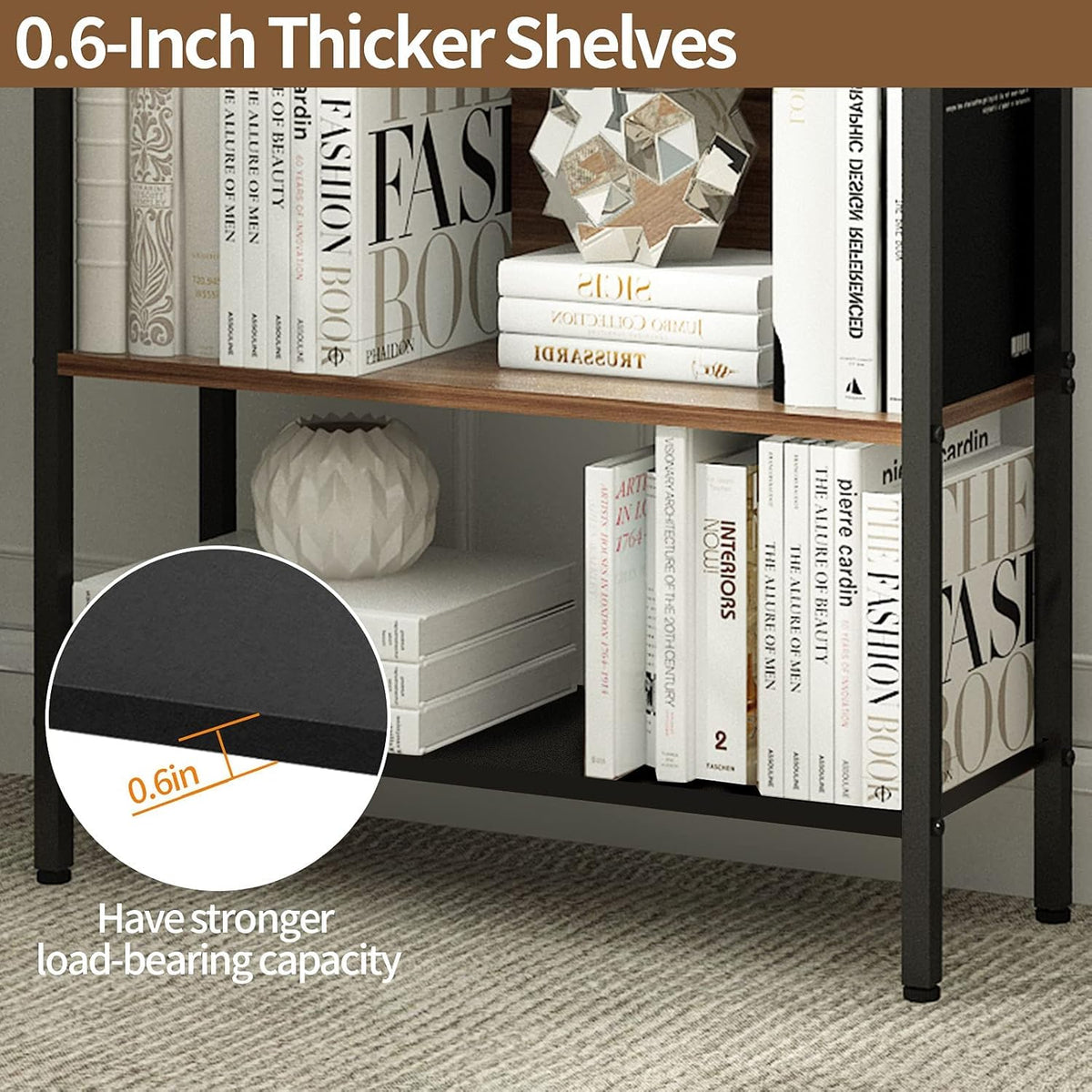 6 Tier Black and Walnut Wood and Metal Bookshelf Z519134
