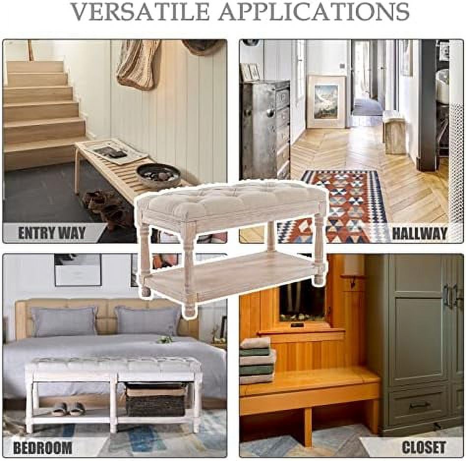Gray Tufted Wood Entryway Bench X29798