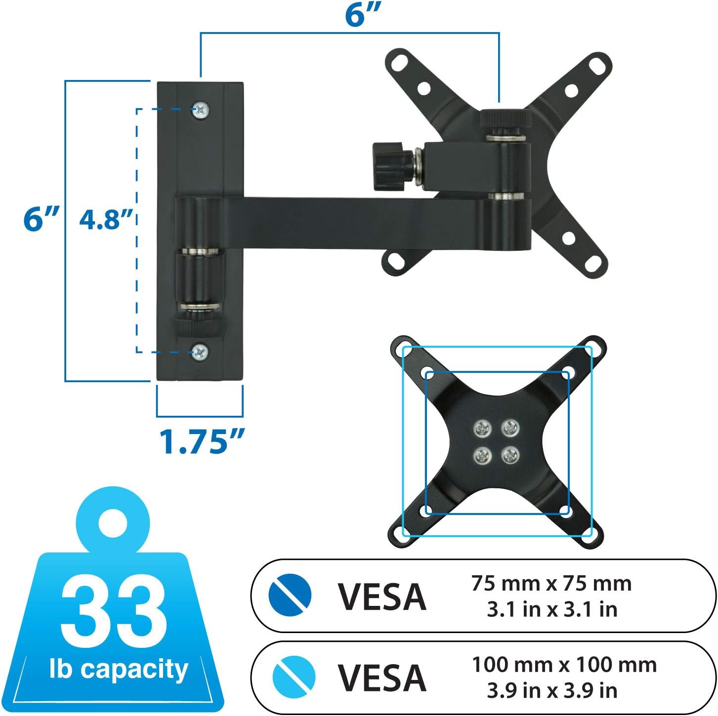 Full Motion VESA Monitor Wall Mount, 33 lb Capacity, Black, Pack of 2 V72987
