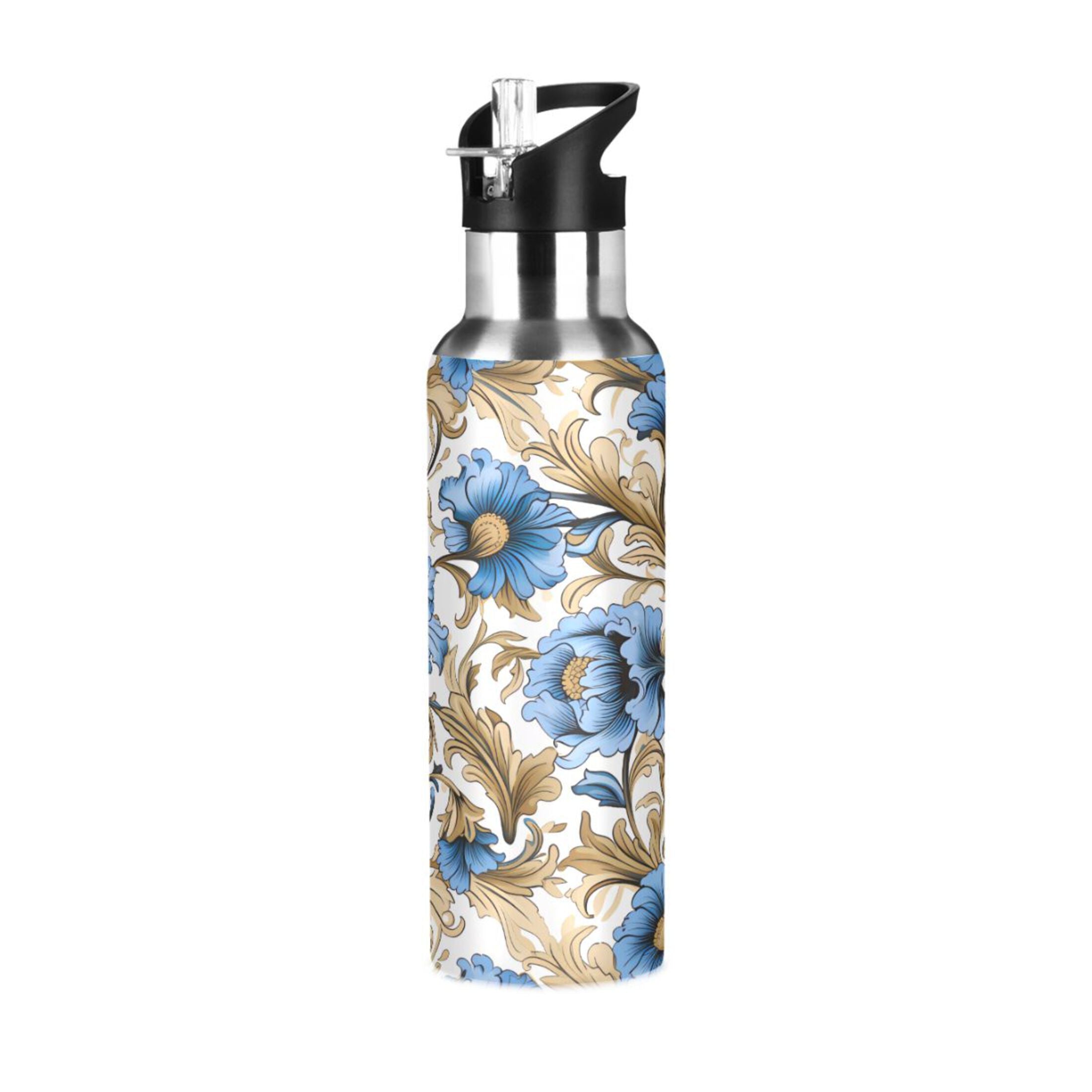 Blue Flowers Gold Leaves Stainless Steel Insulated Water Bottle V2687
