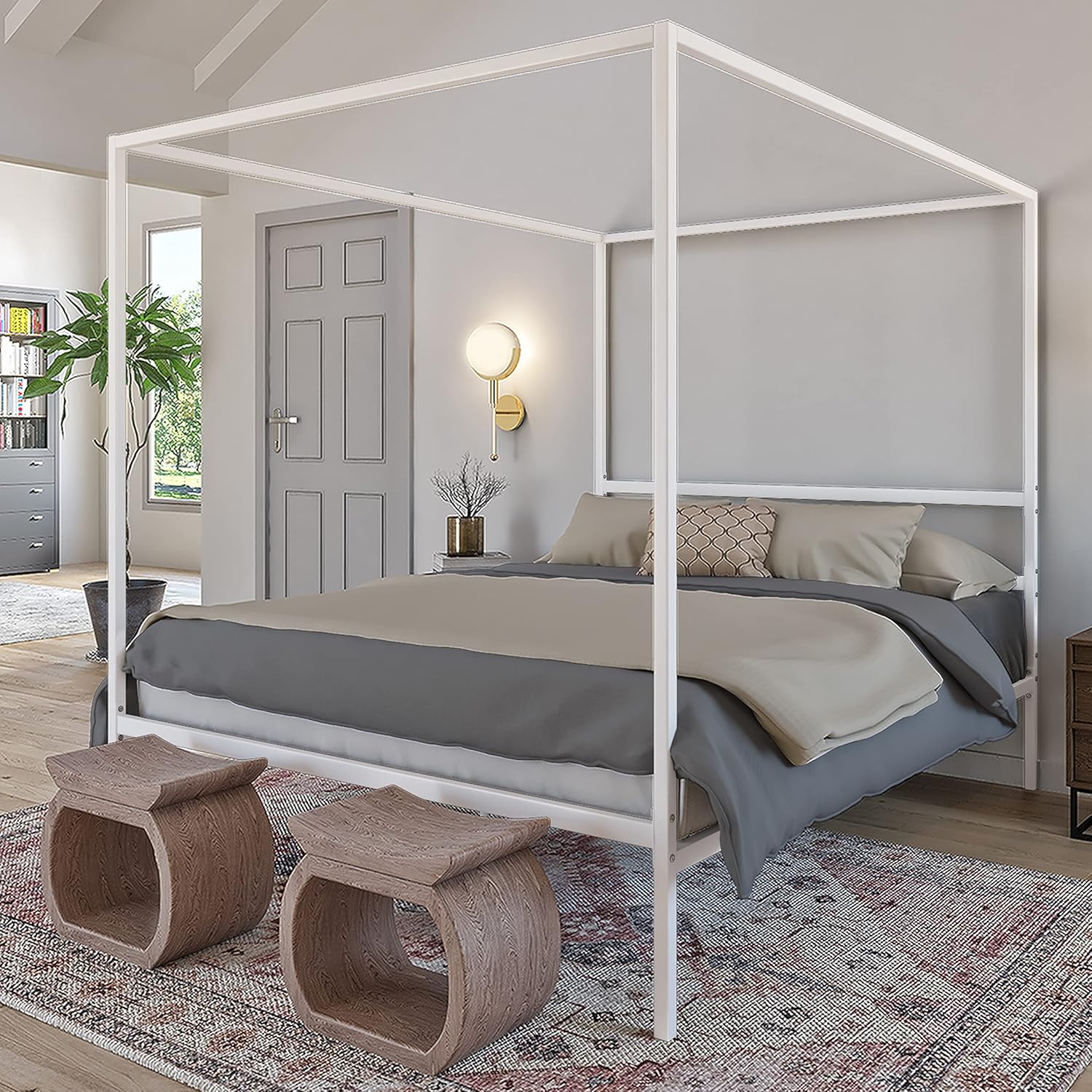 White Metal Queen Size Canopy Platform Bed Frame with Wooden Slats X1775