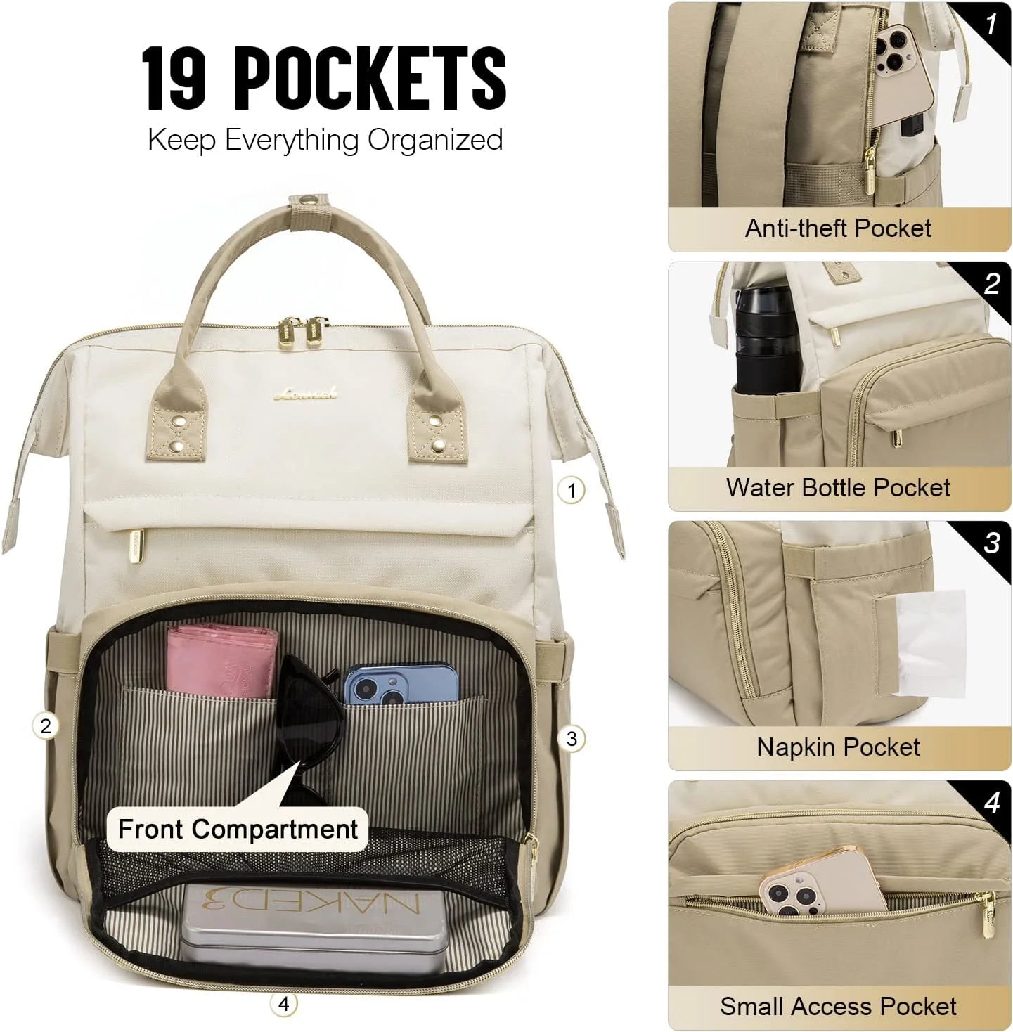 Beige-Khaki Waterproof Laptop Backpack L719491