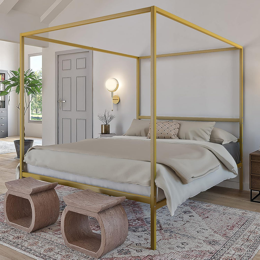 White Metal Queen Size Canopy Platform Bed Frame with Wooden Slats X1775