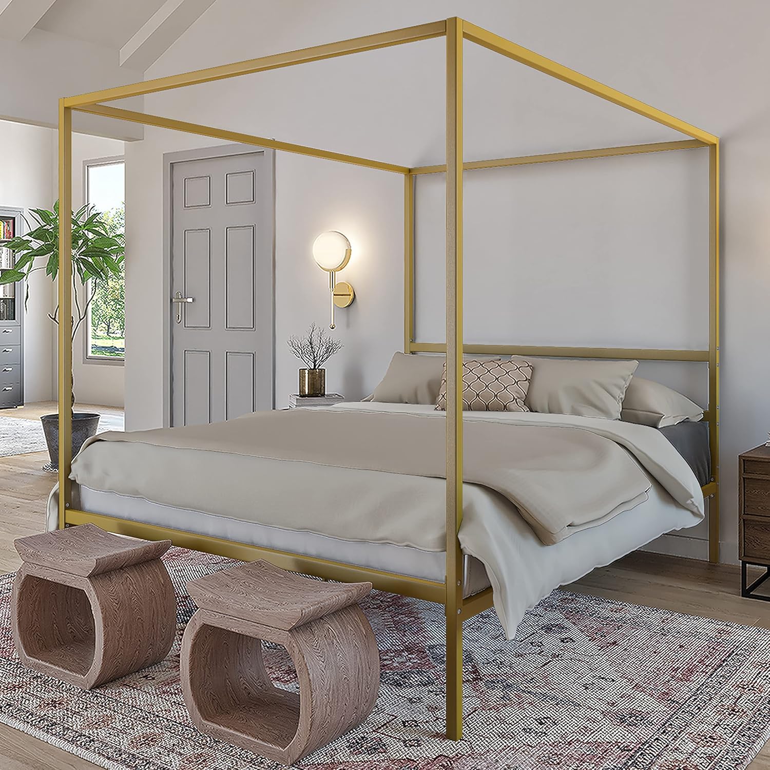 White Metal Queen Size Canopy Platform Bed Frame with Wooden Slats X1775