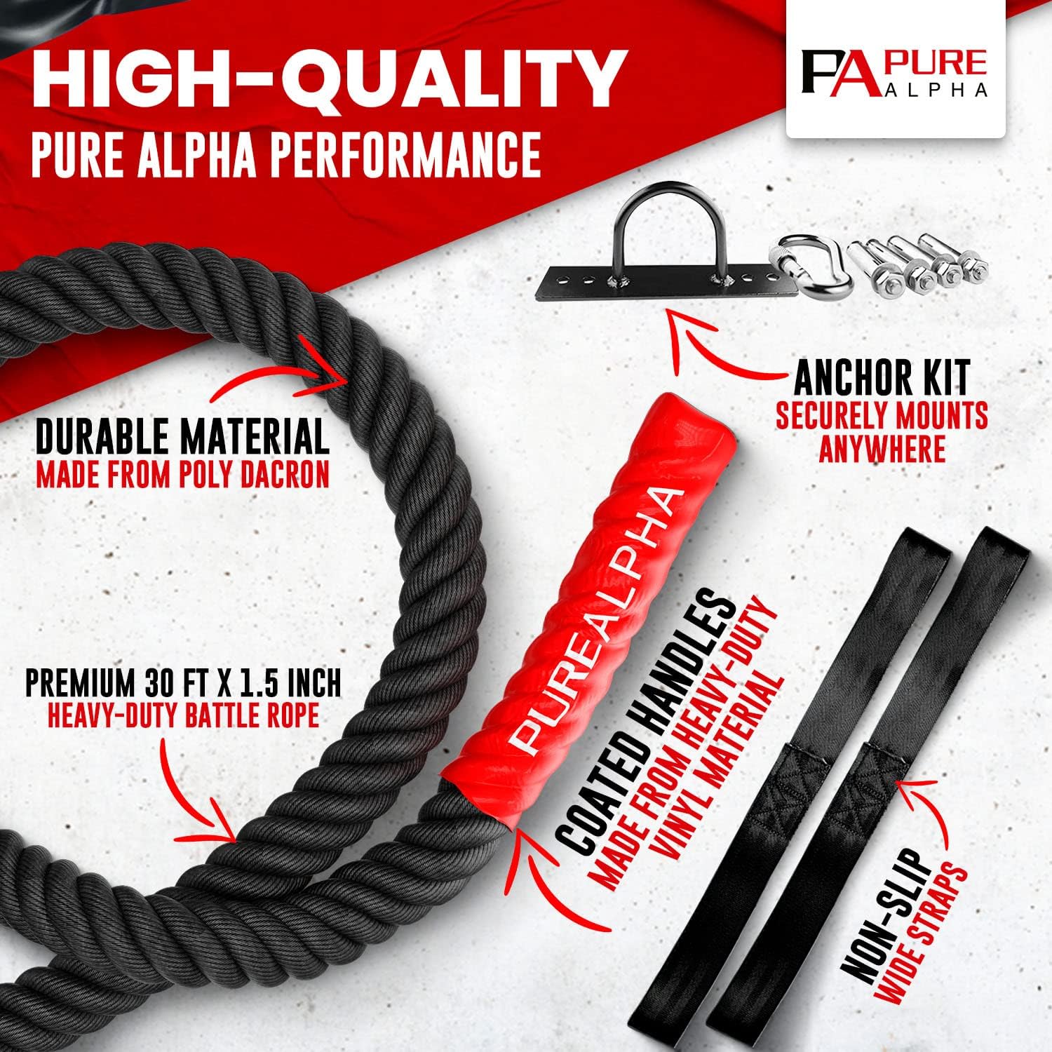 Battle Rope with Anchor Strap Kit & Protective Sleeve – 30 Ft Length 1.5 Inch Diameter Q8466