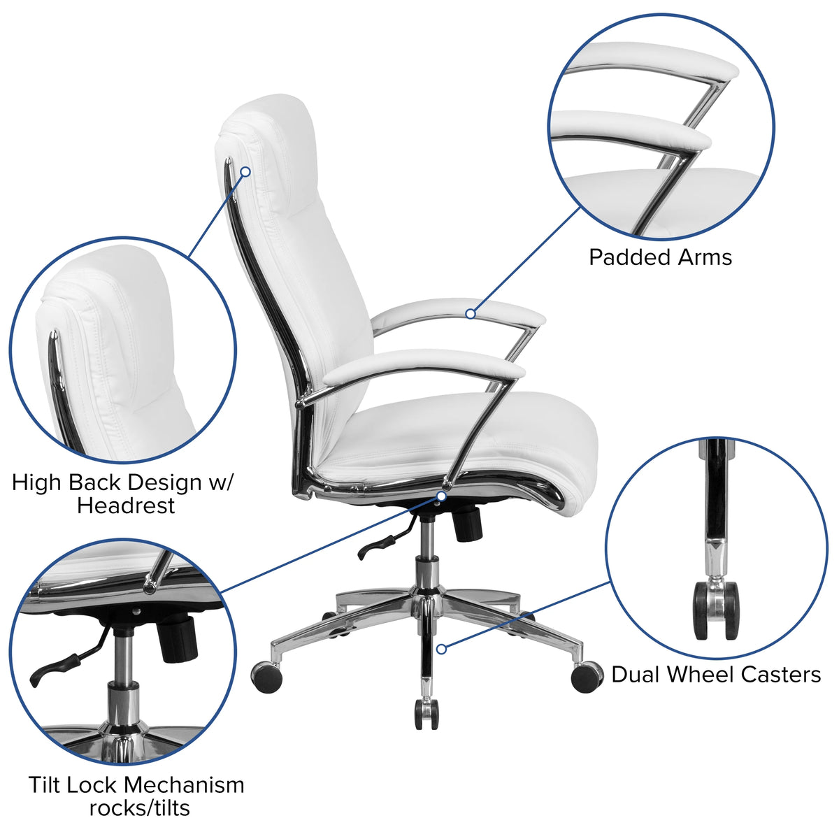 White LeatherSoft Executive Swivel Office Chair with Chrome Base and Arms X506629