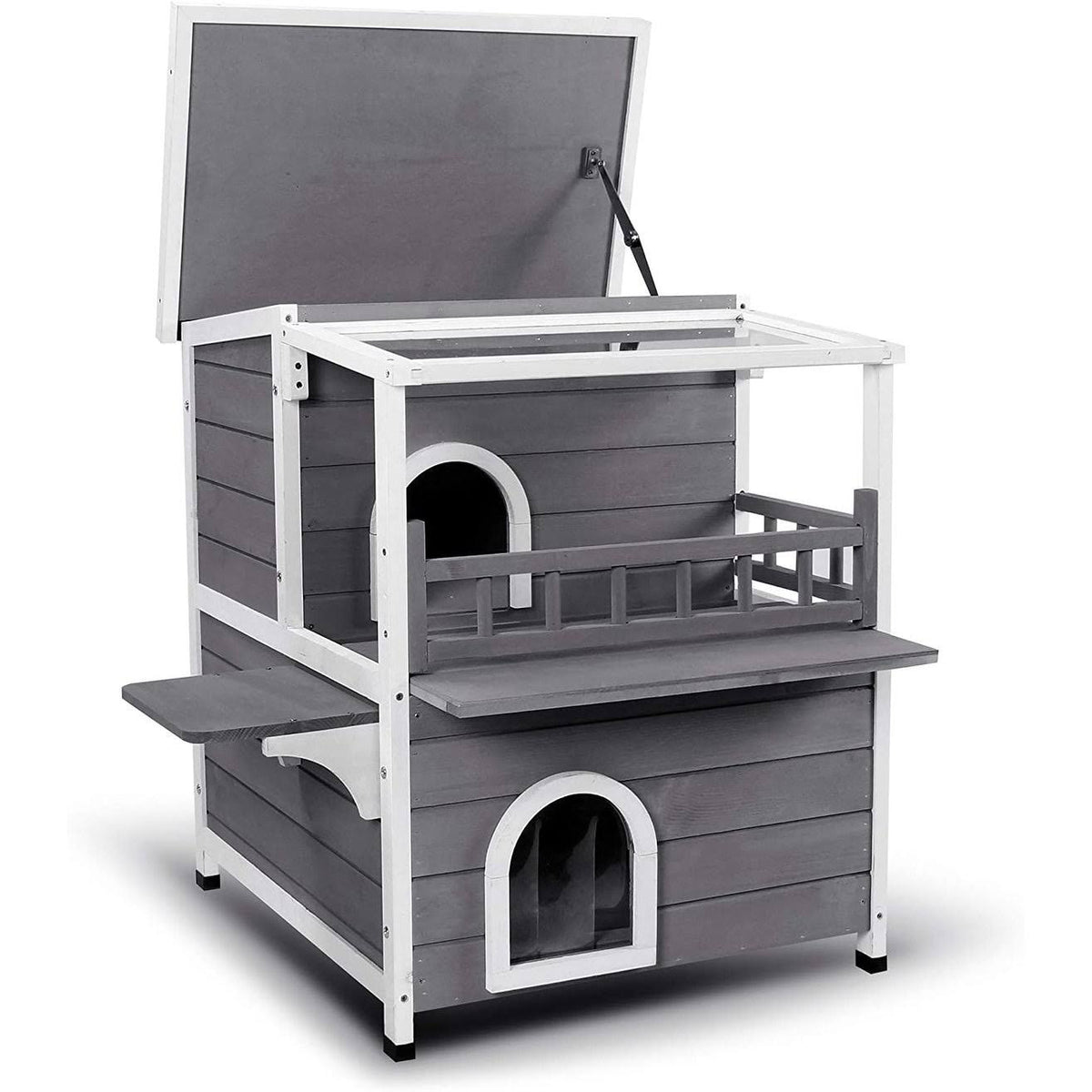 2-Story Weatherproof Wooden Cat Shelter House with Transparent PVC Canopy O698236