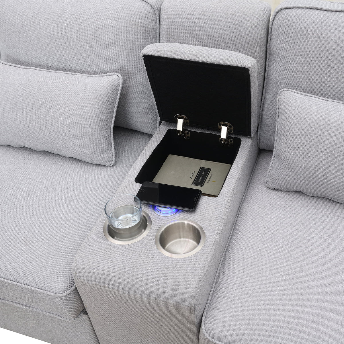 Upholstered Sofa with Console, 2 Cupholders and 2 USB Ports, Linen Fabric, 4-Seat O5598