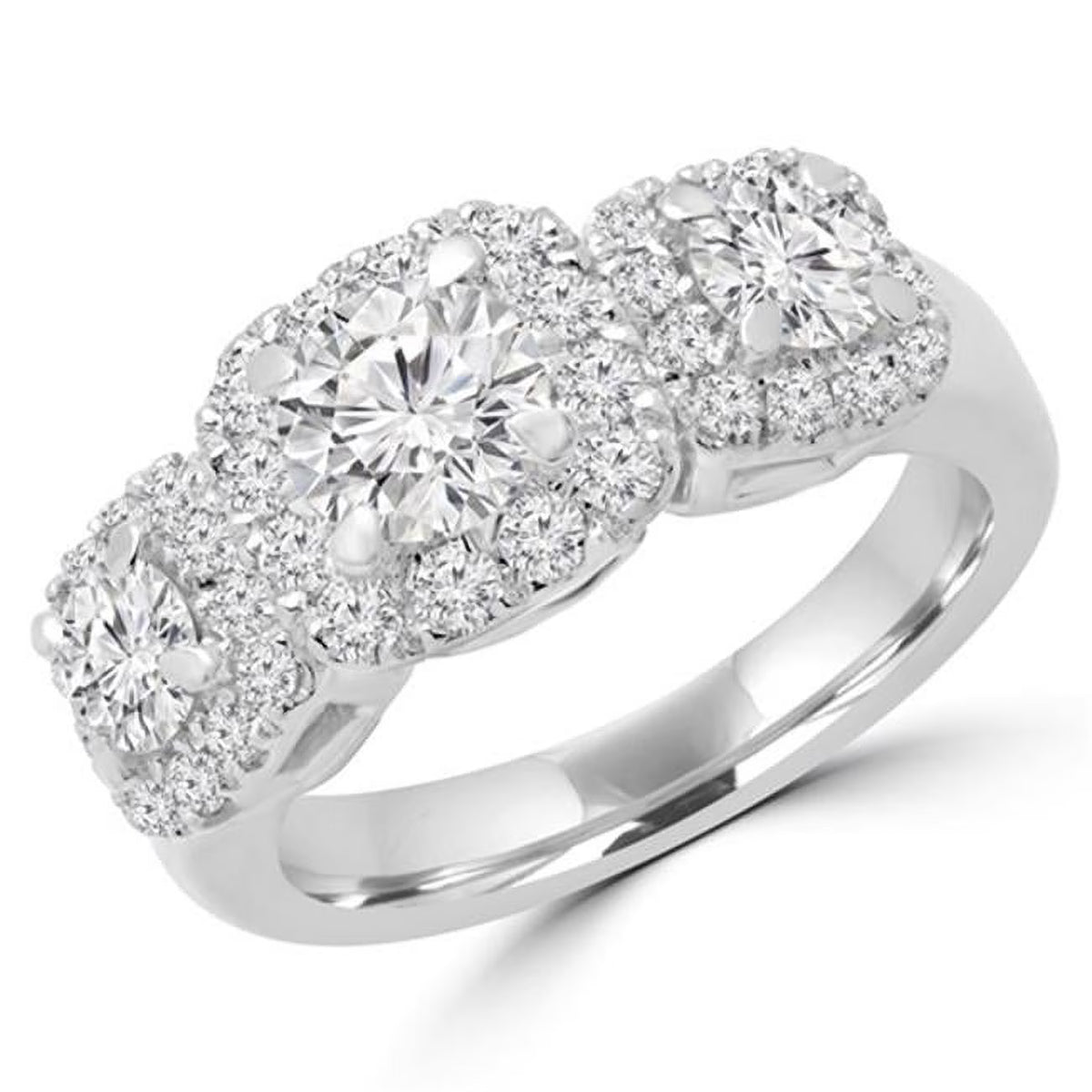 14K White Gold Diamond Halo Three Stone Ring E798