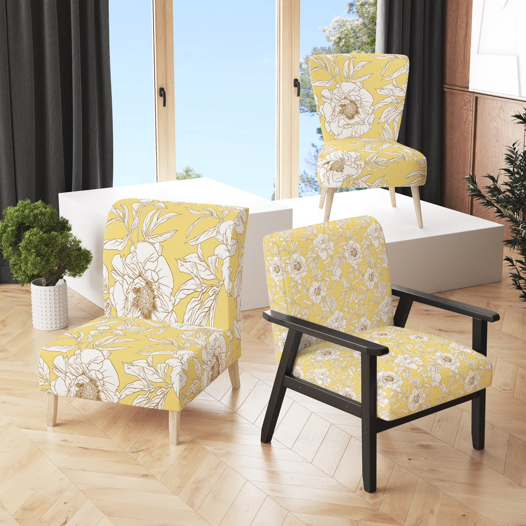 Yellow Peony Flower Upholstered Accent Chair and Arm Chair H924