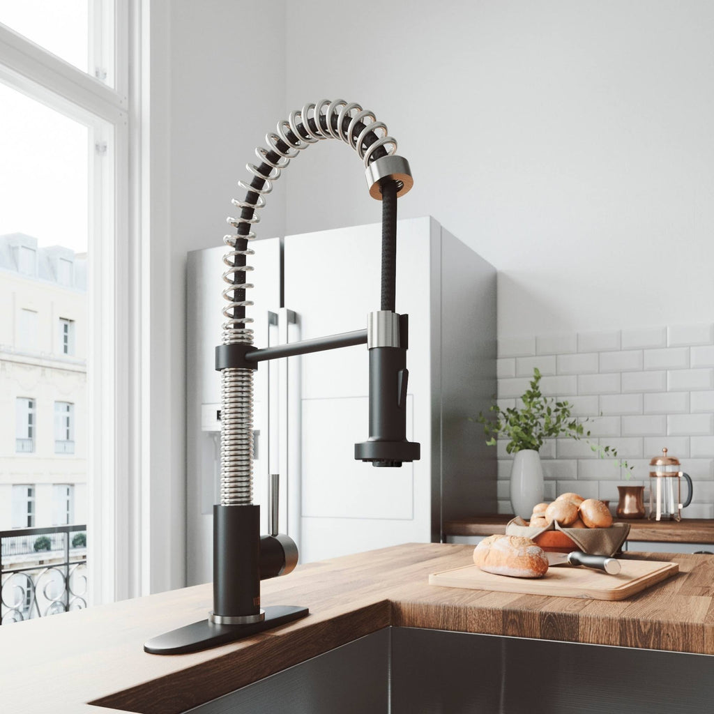 Stainless Steel & Matte Black Pull-Down Kitchen Faucet with Deck Plate I1290