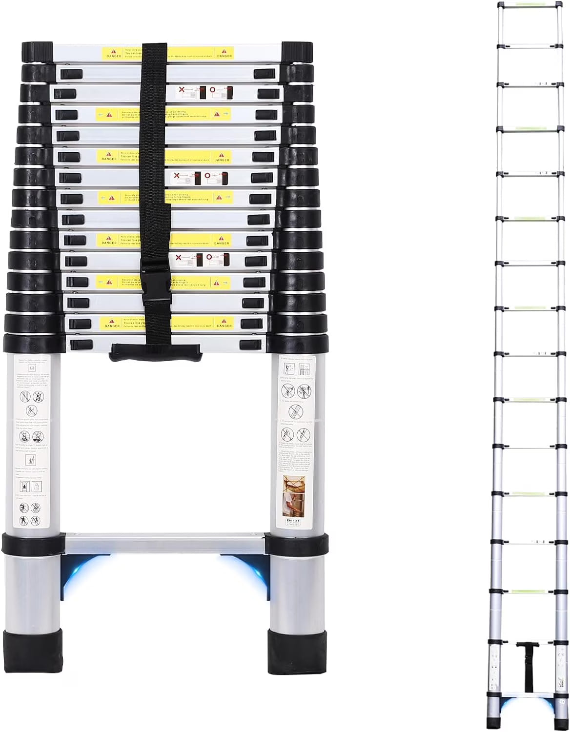 16.5FT Telescoping Aluminum Ladder with Tool Platform and Wheels E31844