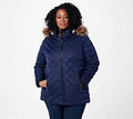Dark Blue Quilted Puffer Coat with Faux Fur Hood T28591