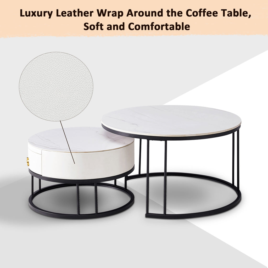 Black Nesting Coffee Table Set of 2 with Drawer, Sintered Stone Top Leather Wrapping Metal Frame D9836