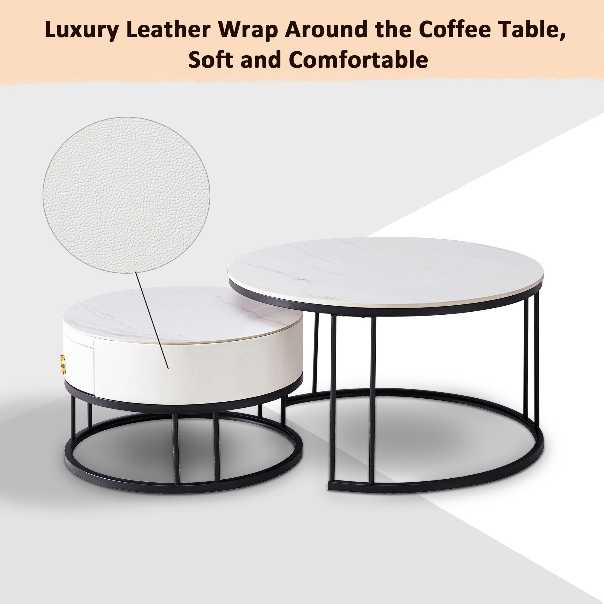 Black Nesting Coffee Table Set of 2 with Drawer, Sintered Stone Top Leather Wrapping Metal Frame D9836
