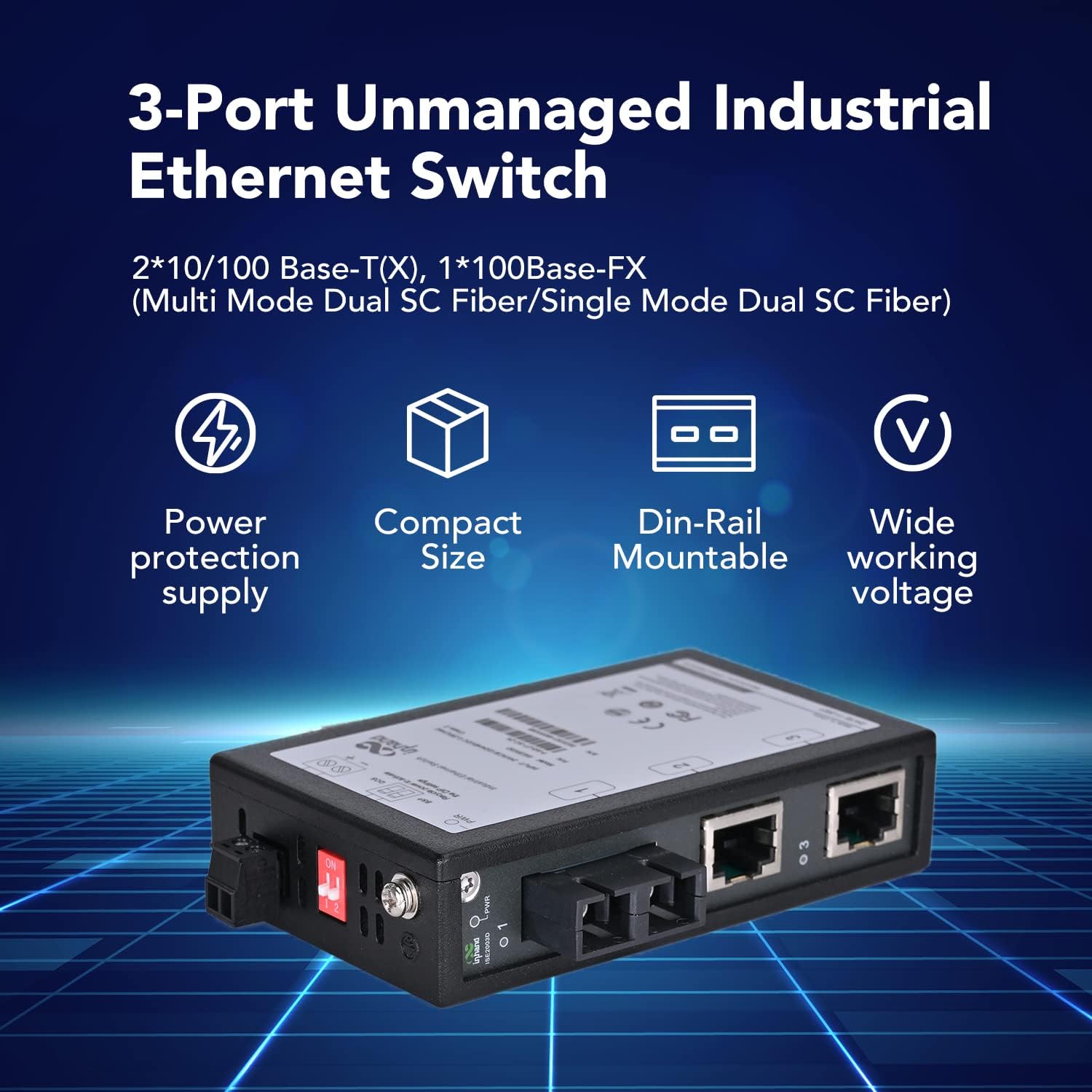 3-Port Unmanaged Industrial Ethernet Switch, Single Mode Dual SC Fiber, Pack of 2 D136