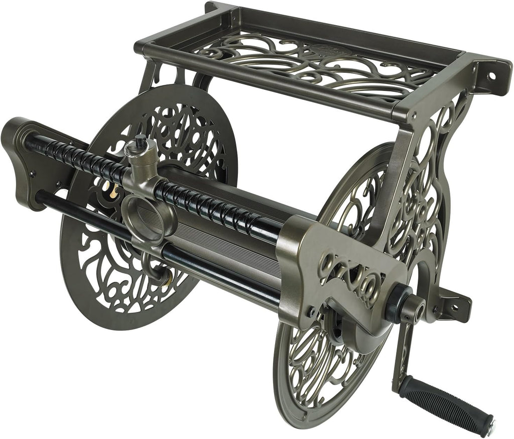 Cast Aluminum Wall Mount Garden Hose Reel, 125-Feet, Bronze O3835