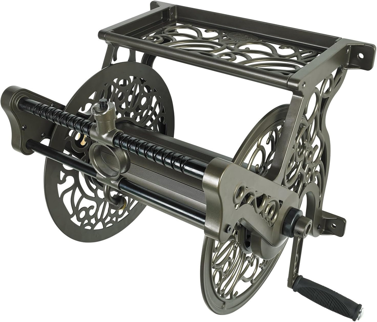 Cast Aluminum Wall Mount Garden Hose Reel, 125-Feet, Bronze O3835