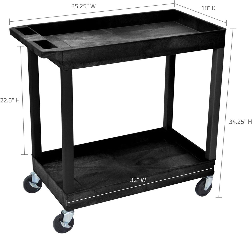 Black Mobile Utility Tub Cart with 2 Shelves and Push Handle V973