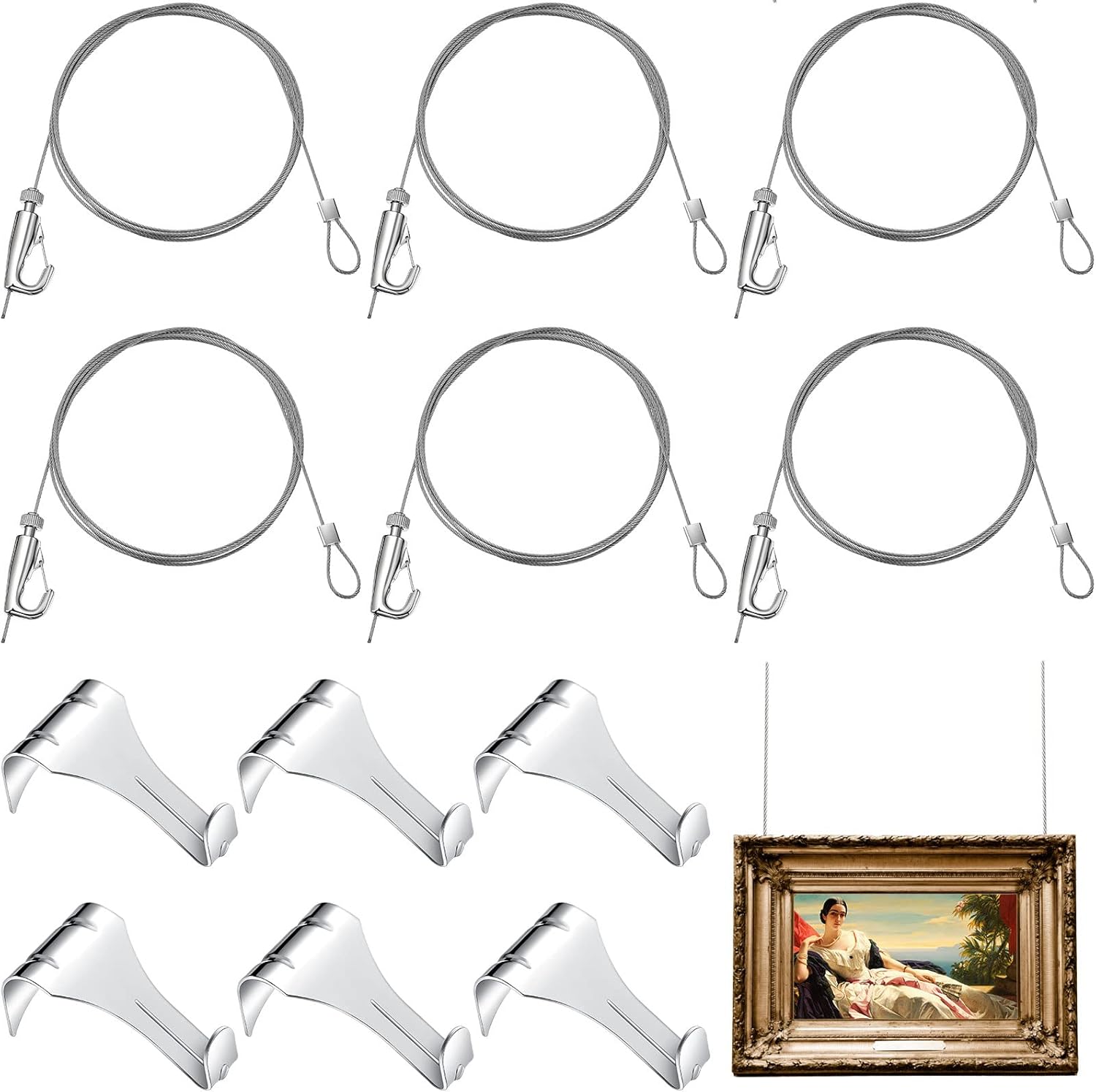 18 Pcs Picture Rail Hanging Kit with Stainless Steel Cable Loop Cord and Adjustable Photo Hooks S95249