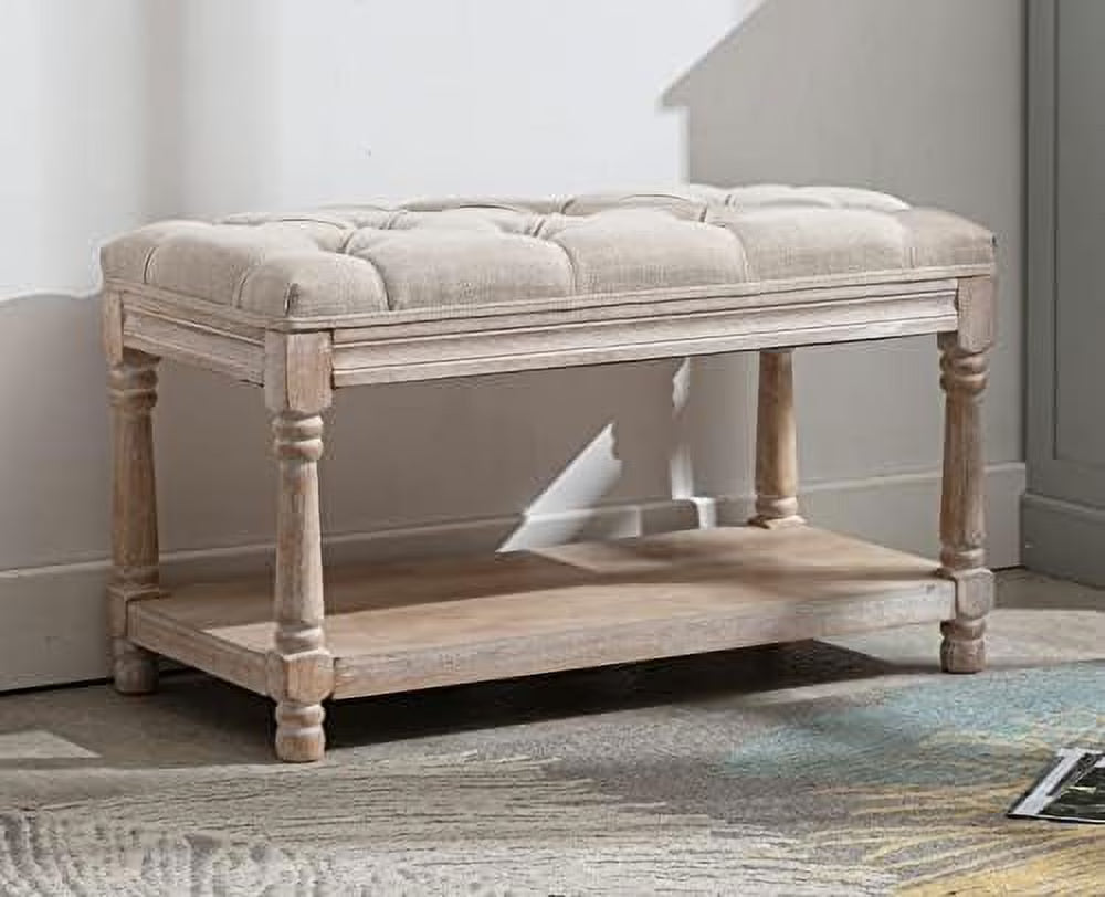 Gray Tufted Wood Entryway Bench X29798