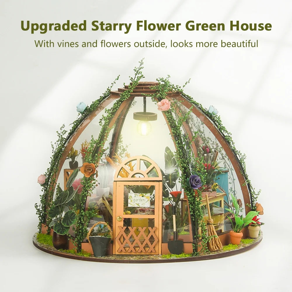DIY Miniature Dollhouse Kit Wooden Flower Green House with LED Light W84936