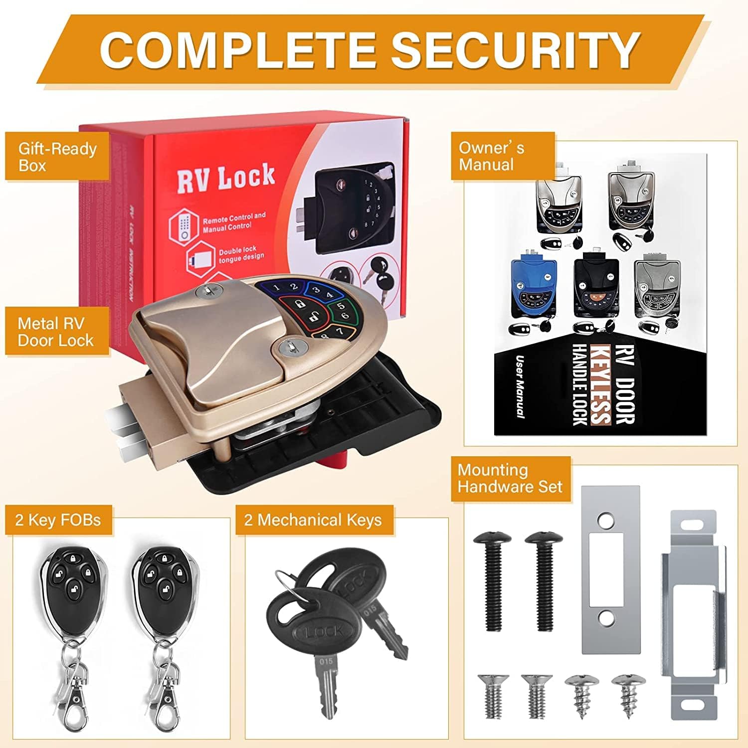 Waterproof Keyless RV Door Lock with Backlit Keypad and 2 Fobs and Key for 2.75 x 3.75 Lock Hole S4520