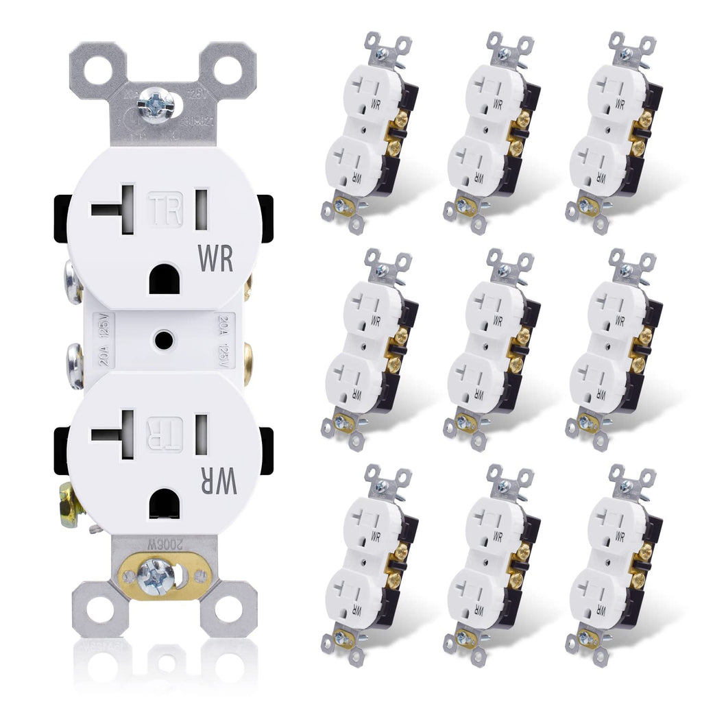 20 Amp 125V Duplex Receptacle, Tamper Resistant, Weather Resistant, 2 Pole 3 Wire, Self-Grounding, Glossy White, 10 Pack Q4061
