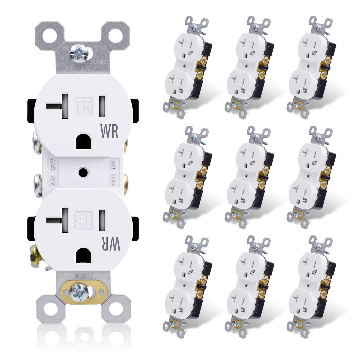 20 Amp 125V Duplex Receptacle, Tamper Resistant, Weather Resistant, 2 Pole 3 Wire, Self-Grounding, Glossy White, 10 Pack Q4061
