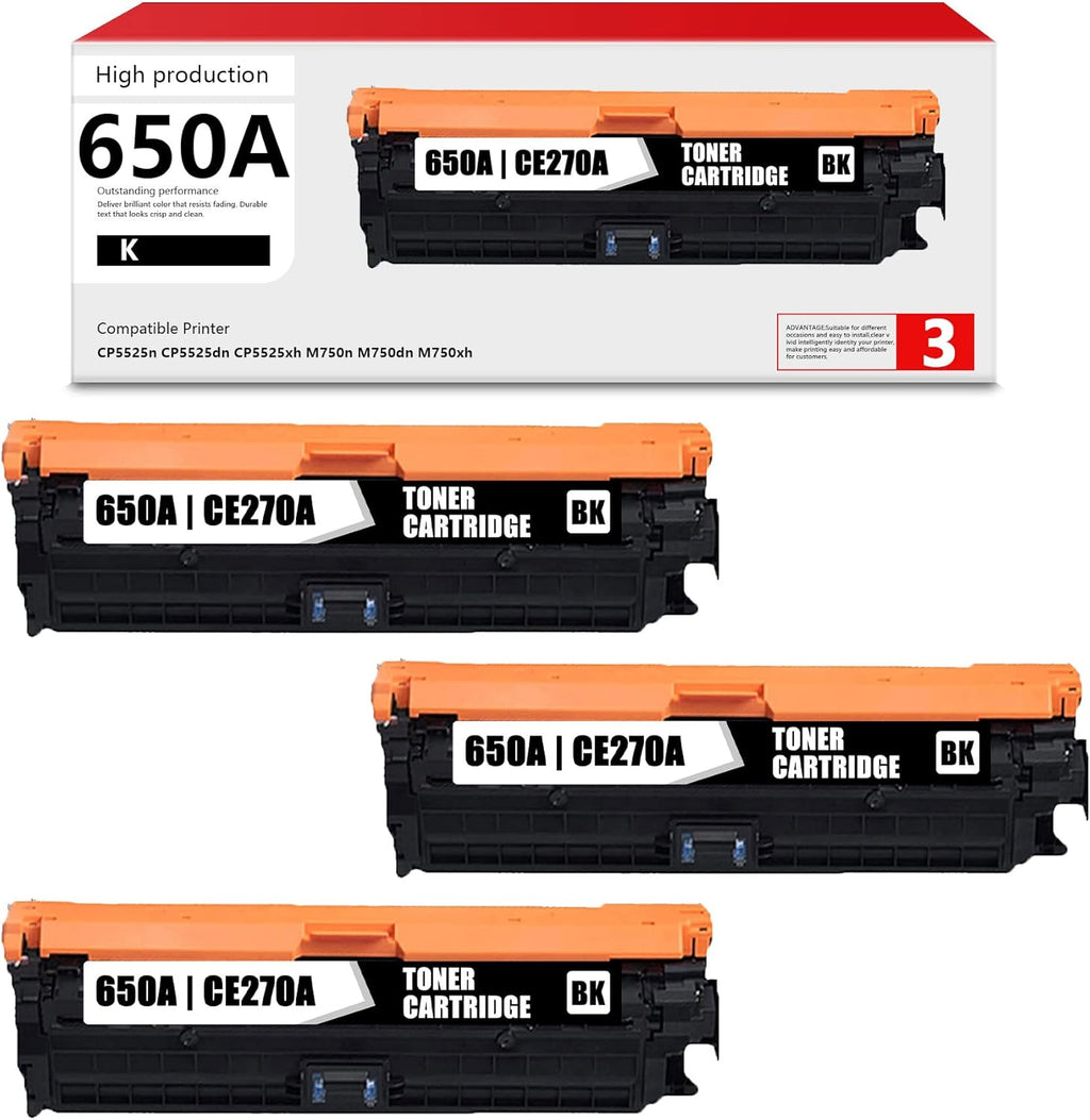 3PK Black 650A CE270A Remanufactured Toner Cartridges for HP M750n M750dn M750xh CP5525n CP5525dn CP5525xh Printer Q524016