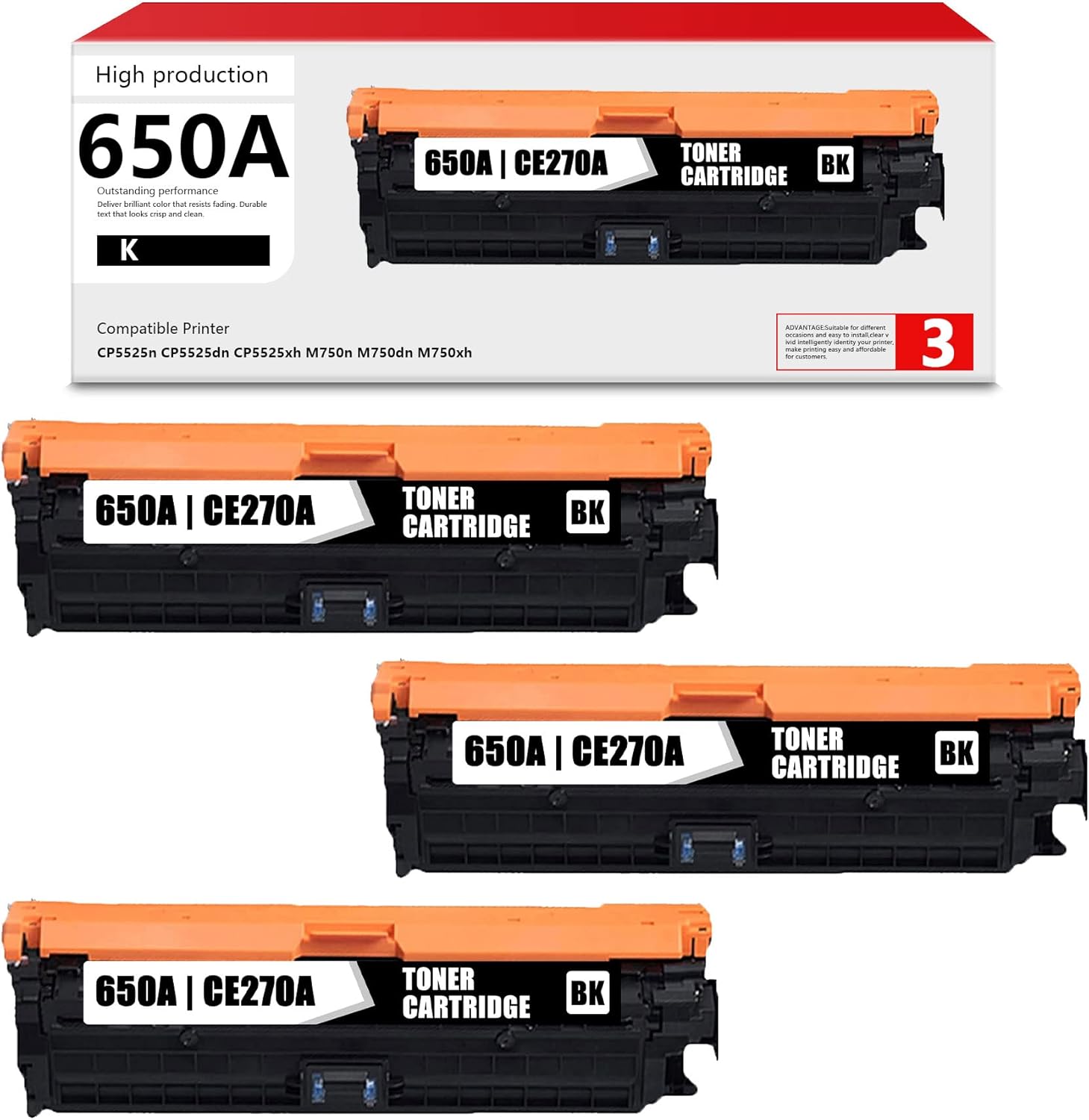 3PK Black 650A CE270A Remanufactured Toner Cartridges for HP M750n M750dn M750xh CP5525n CP5525dn CP5525xh Printer Q524016