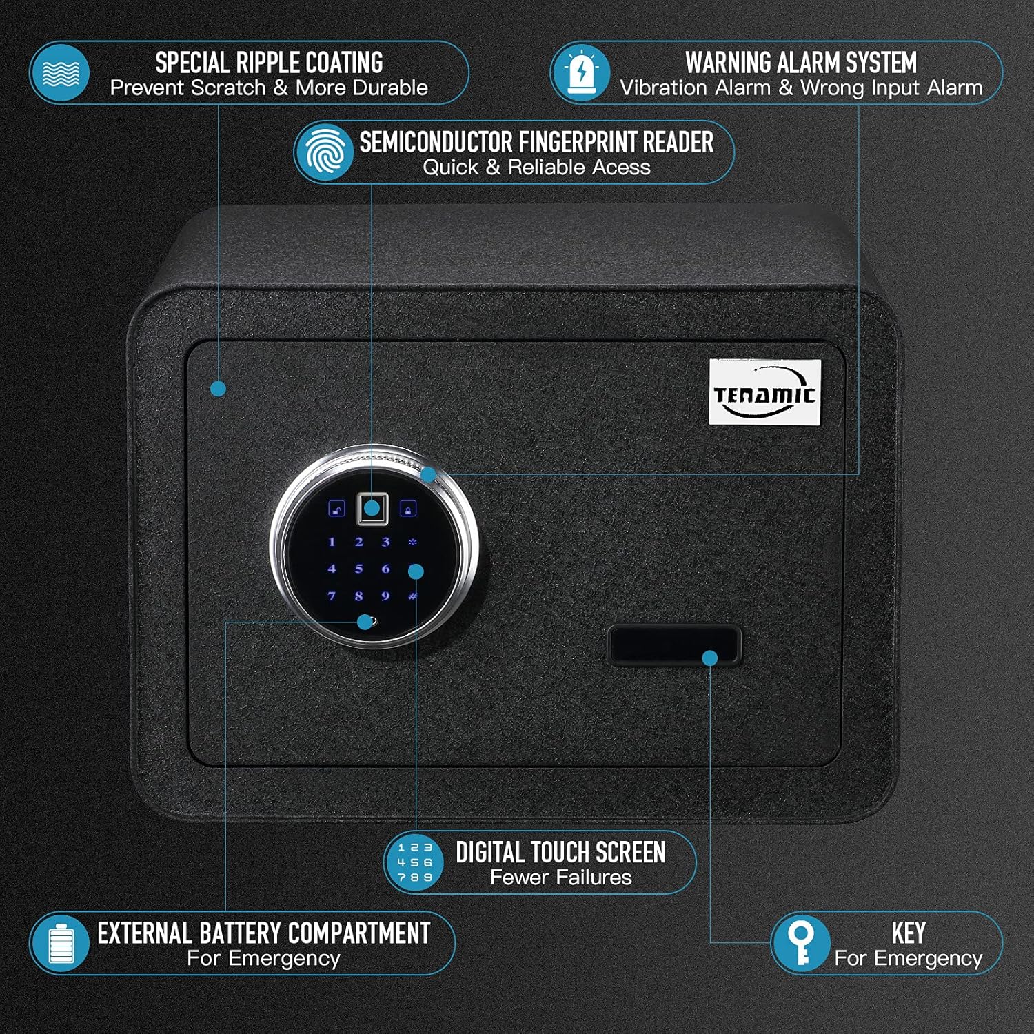 Black Biometric Fingerprint Safe Box, Solid Alloy Steel W569059