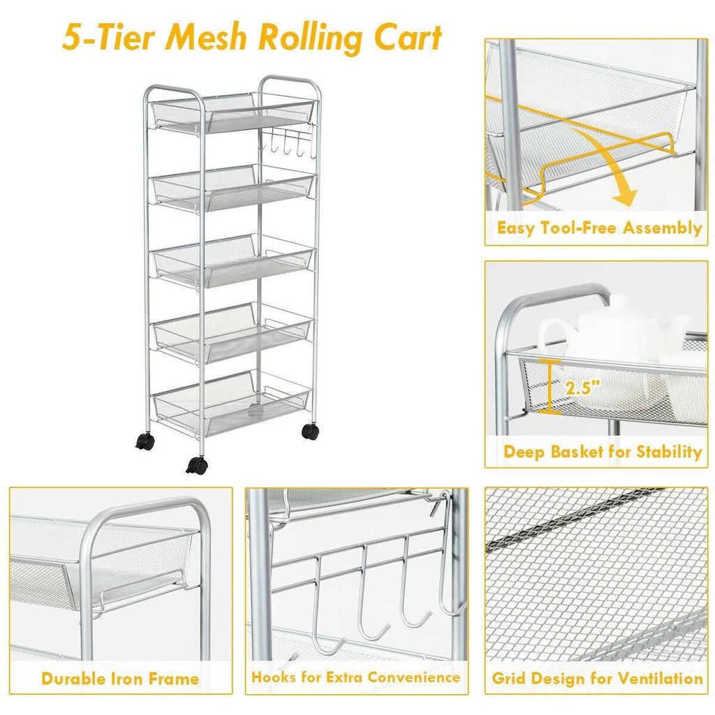 5 Tier Mesh Rolling Utility Cart Grey Q879866