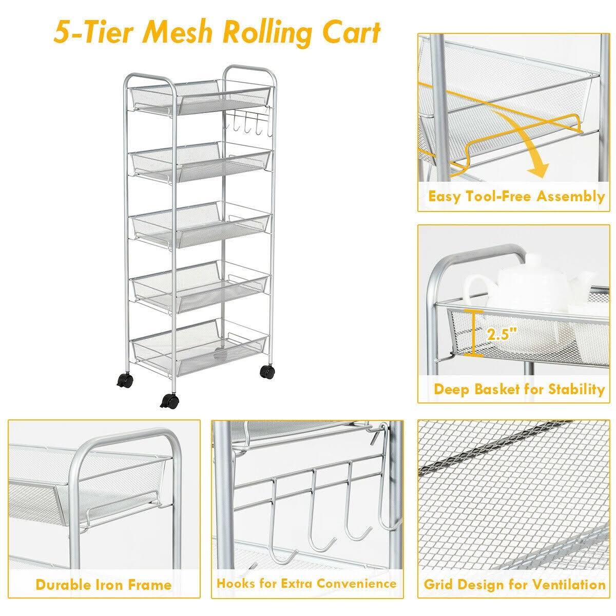 5 Tier Mesh Rolling Utility Cart Grey Q879866