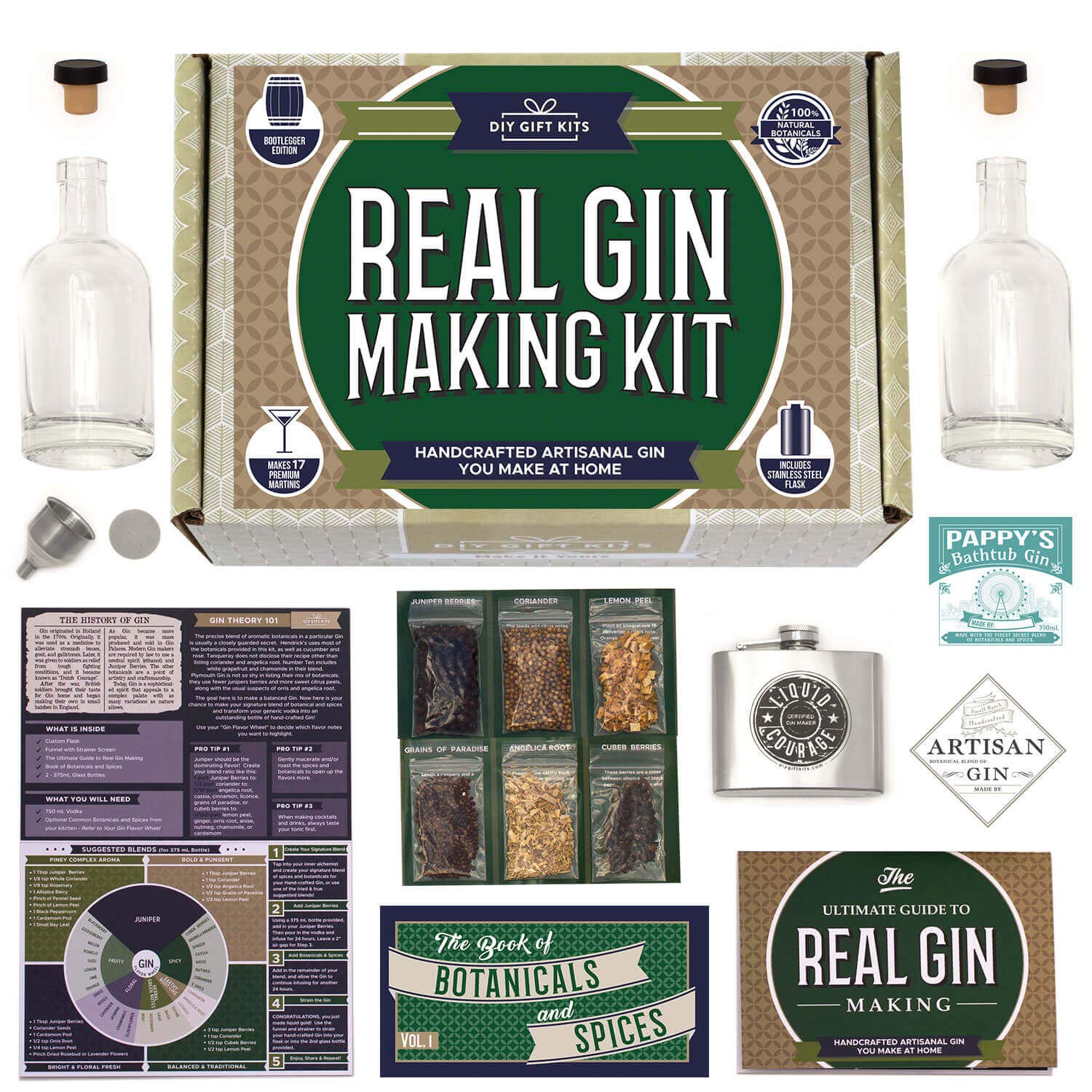 Gin Making Kit with Stainless Steel Flask, Botanicals, Spices, Recipe Guides, Bottles & Labels, Pack of 2 L445