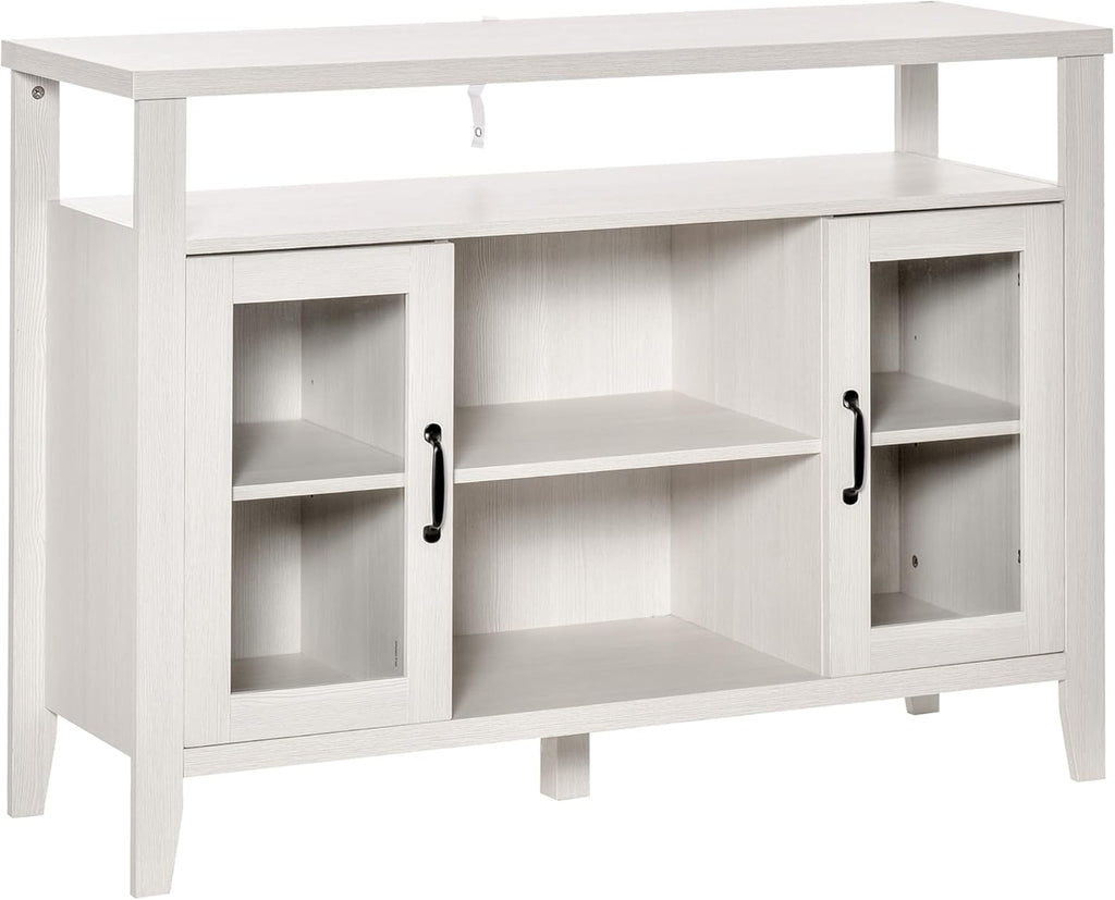 White Retro Style Storage Sideboard with 3 Open Compartments and 2 Framed Glass Door Cabinets G17737