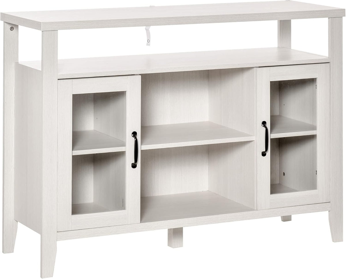 White Retro Style Storage Sideboard with 3 Open Compartments and 2 Framed Glass Door Cabinets G17737