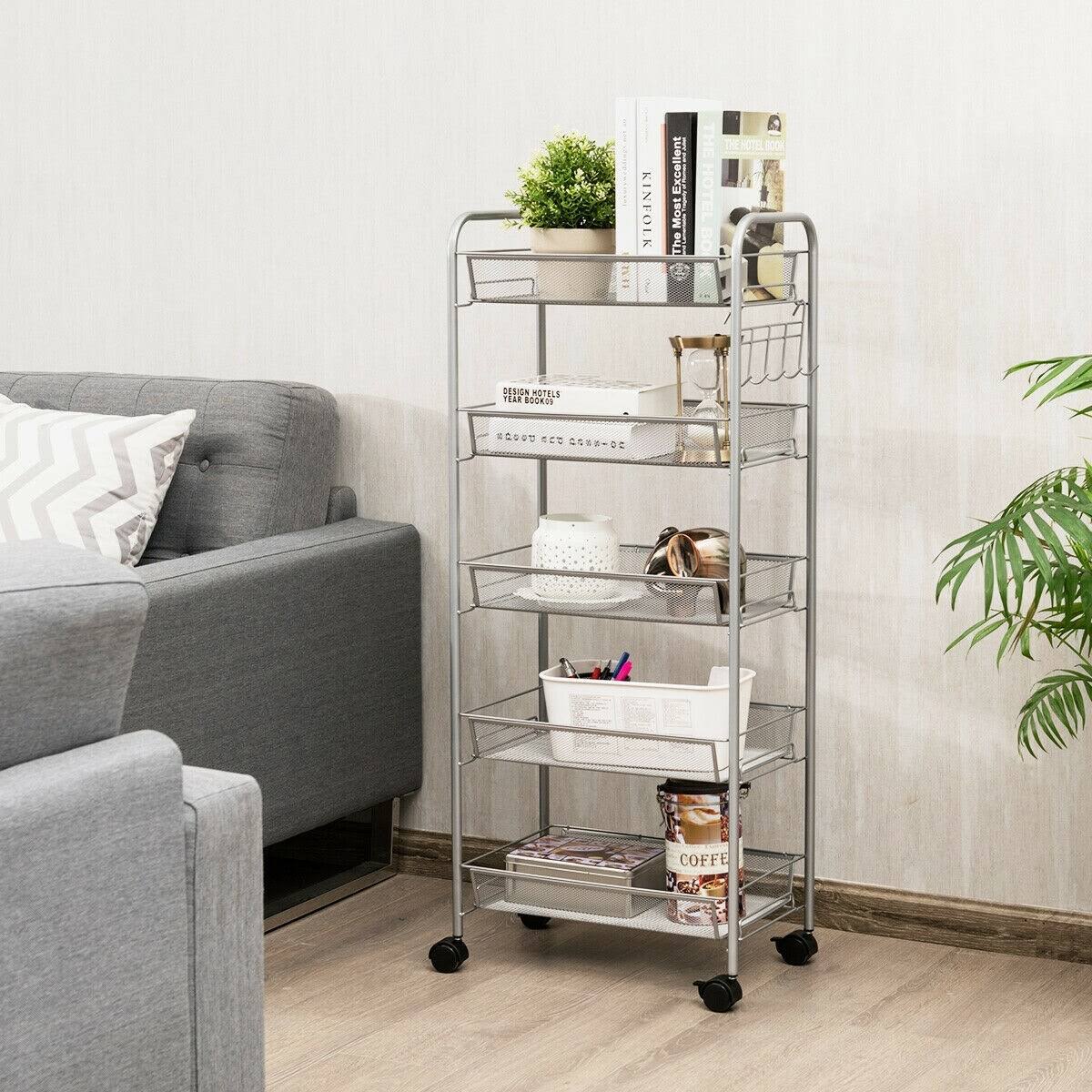 5 Tier Mesh Rolling Utility Cart Grey Q879866
