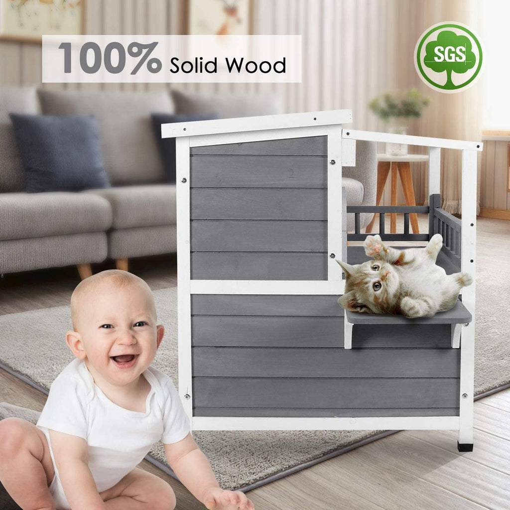 2-Story Weatherproof Wooden Cat Shelter House with Transparent PVC Canopy O698236
